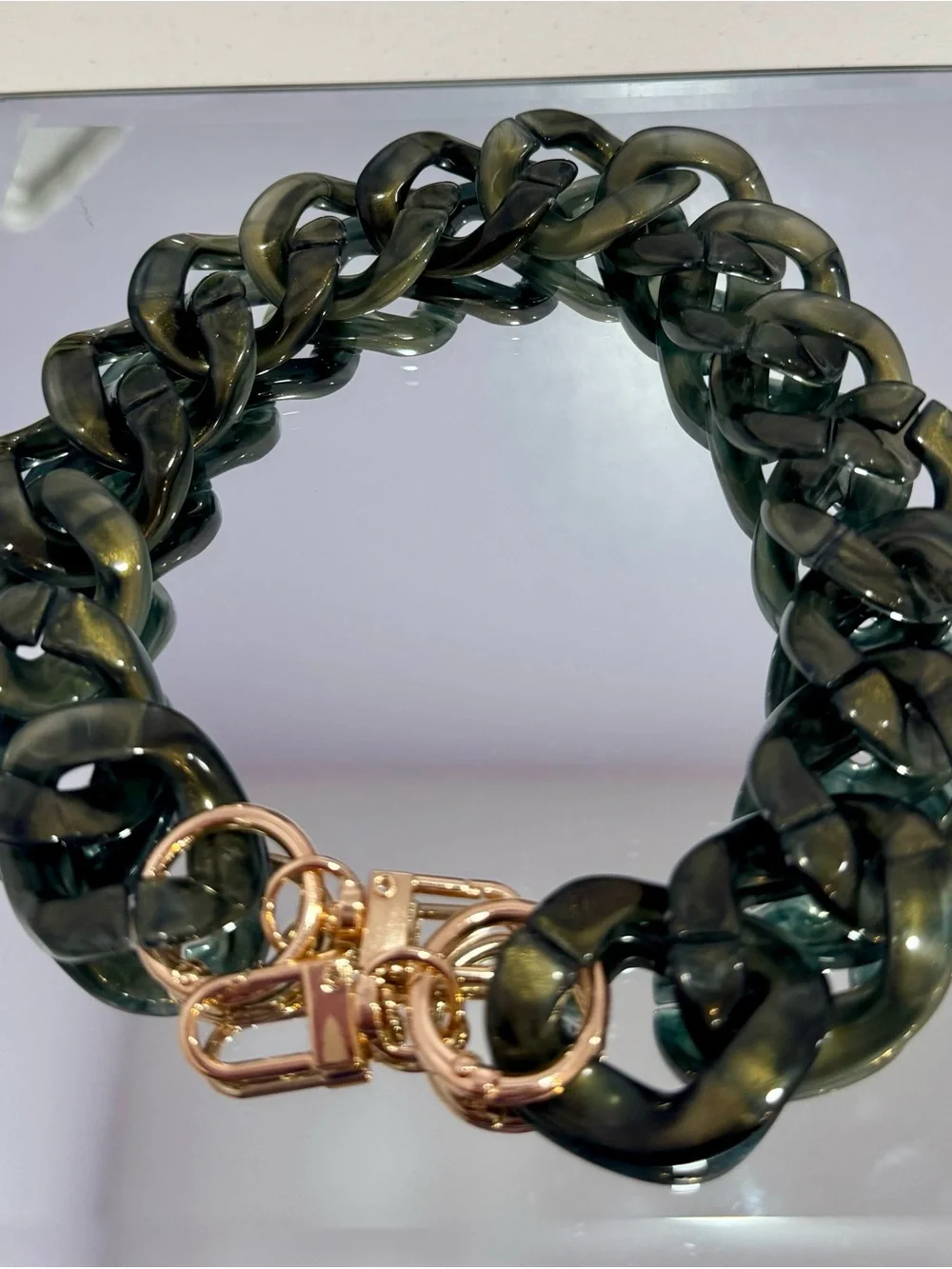New Acrylic Glossy Camo Green Bag Chain 18 inches   withGold Hardware